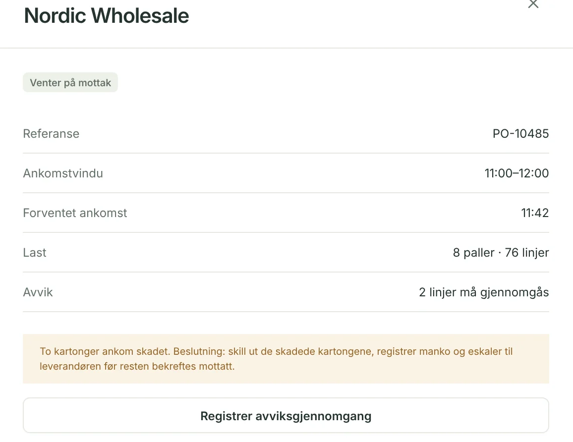En leveranse fra Nordic Wholesale som venter på mottak, med merknad om to skadede kartonger og knappen Registrer avviksgjennomgang.